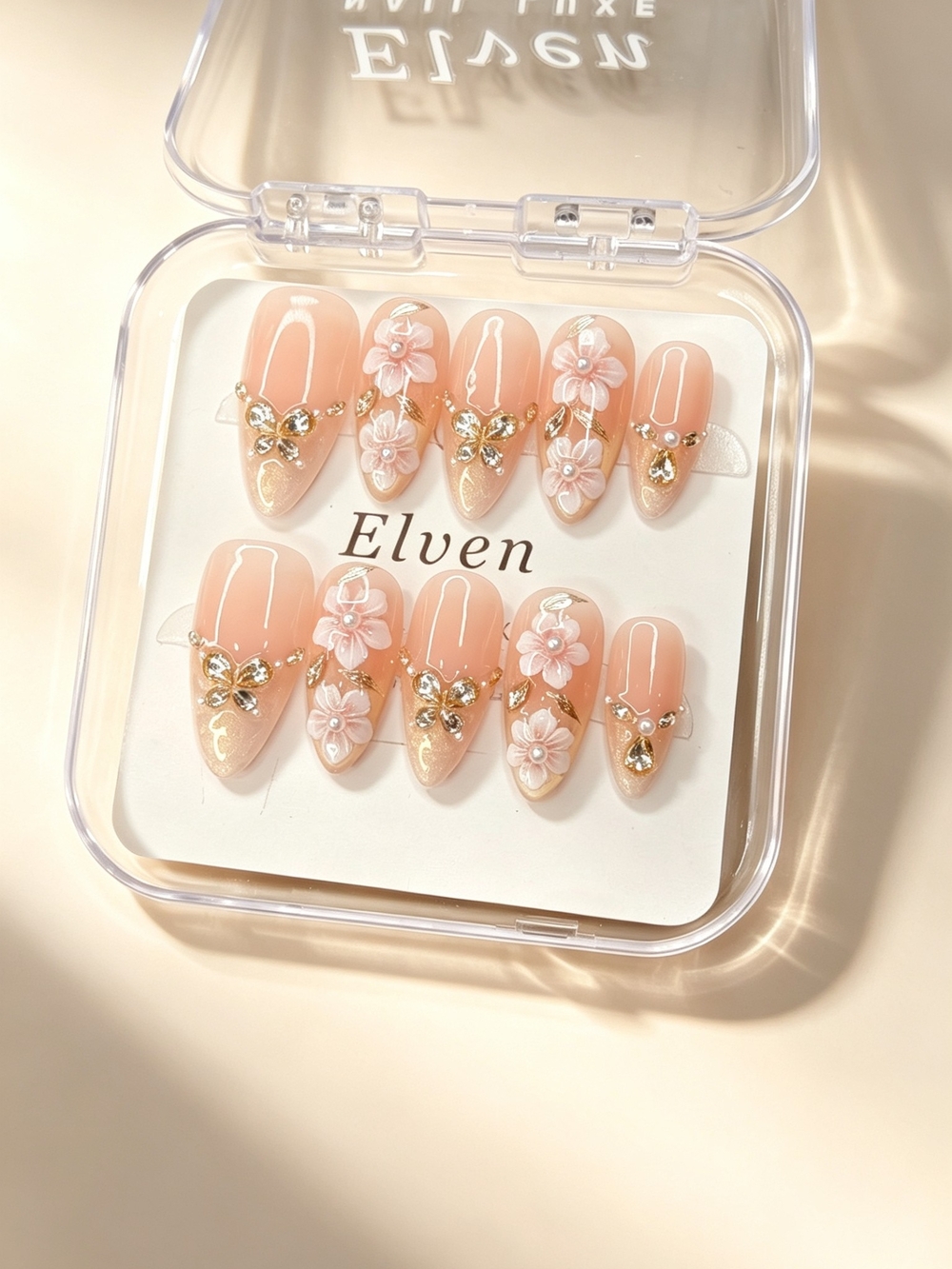 Nude Peach Cat Eye Press On Nails With 3D Flowers And Butterflies Medium Almond